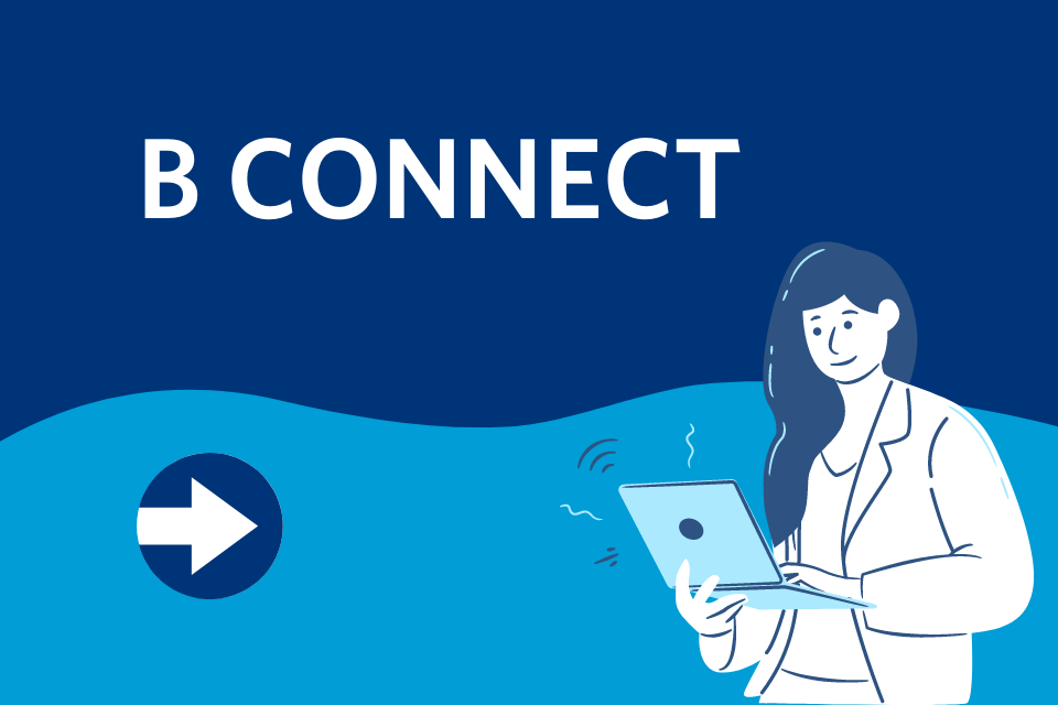 drawing of a woman with a laptop with the text B Connect in white on blue background