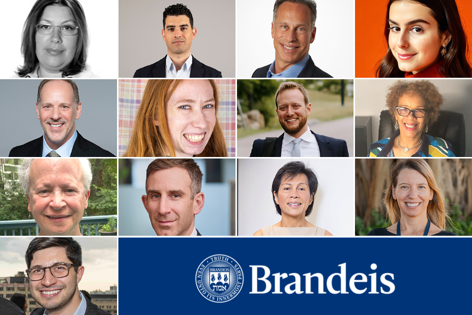 A collage of 13 headshots and the Brandeis logo.