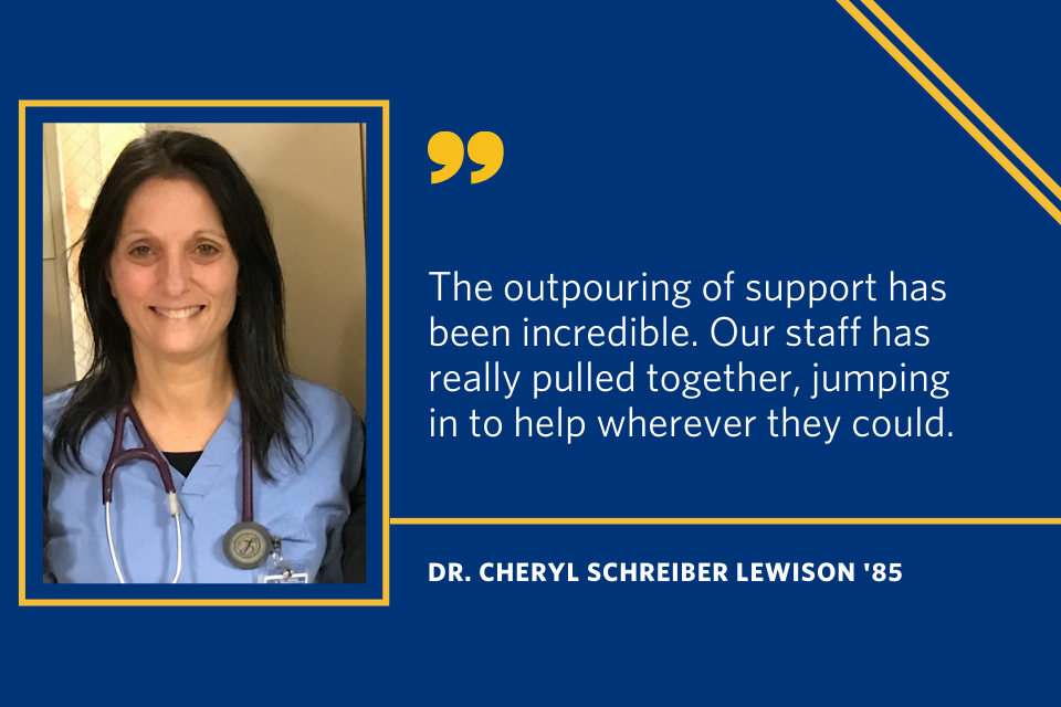 A quote from Cheryl Lewison that says "The outpouring of support has been incredible. Our staff has really pulled together, jumping in to help wherever they could."